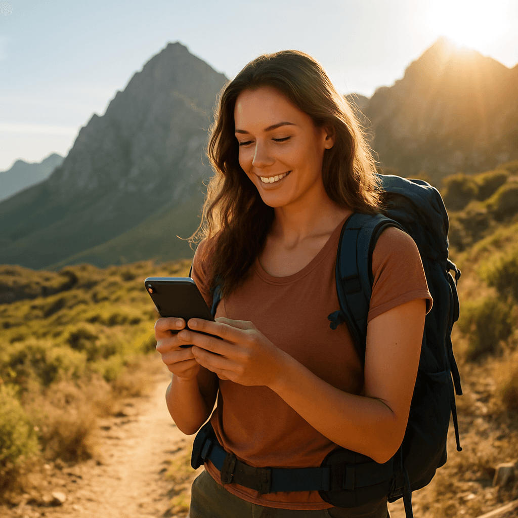 Woman hiker checking her smartphone on a sunny mountain trail, representing digital nomads managing money internationally