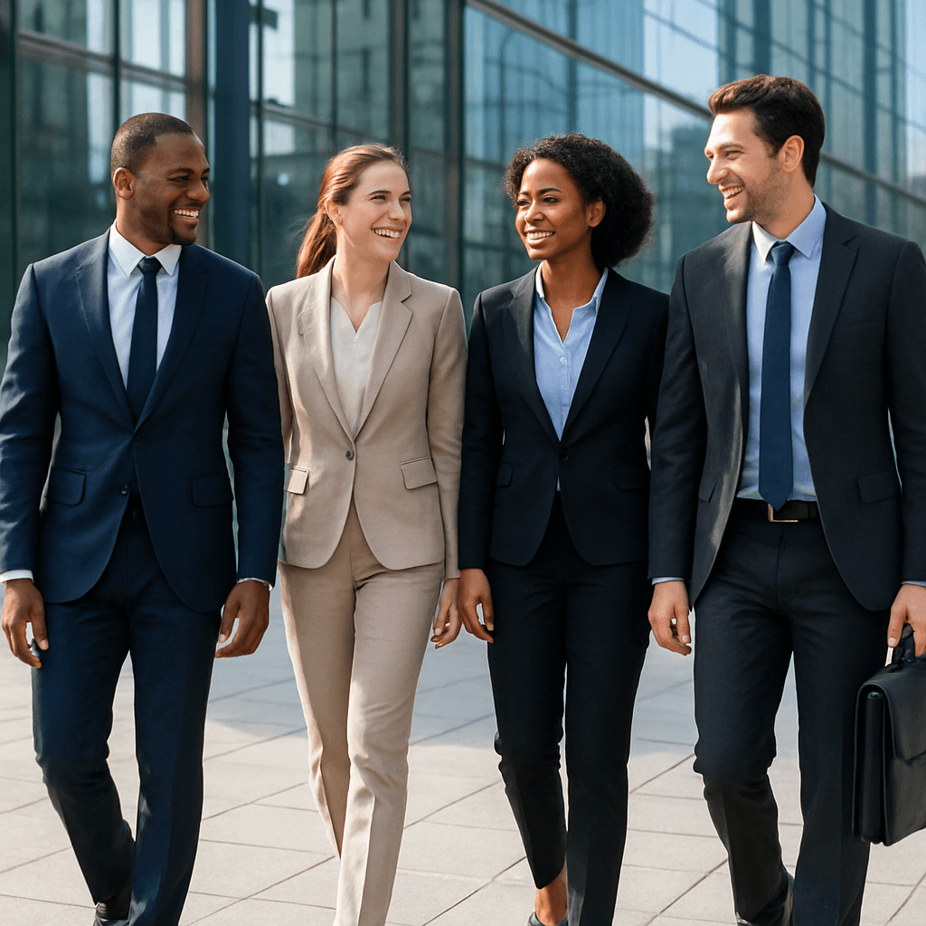 Group of business professionals walking outside a modern glass office building, representing international businesses making cross-border payments