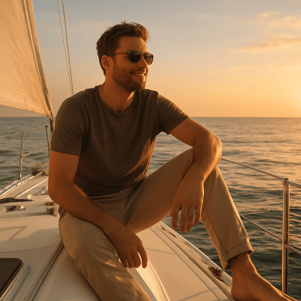 Relaxed man sitting on a sailing yacht on calm blue ocean water at golden hour, representing retirees living abroad
